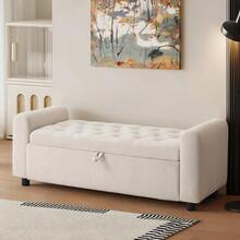 48" Ottoman With Storage, Tufted Storage Ottoman Bench, Convenient Living Room Fabrics Bench Seat, Entryway Shoe Benches With Inner Zipper & Arm, Rivetless Upholstered Window Seat Ottomans, Beige - Màu be - Xem 9