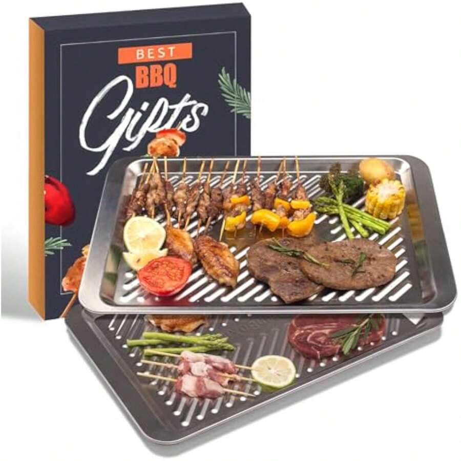 Grilling Prep And Serve Trays Set Of 2 Stackable Stainless Steel BBQ Trays Marinating Tray Food Serving Platter For Cooked And Raw Meat BBQ Prep Tub Dishwasher Variant 2 - 燒烤用具套裝(2件裝) - 查看 1
