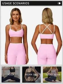MFVIM 女士樱花粉撞色运动文胸瑜伽裤套装 - 白色滚边可爱露背 | 紧身透气，适合瑜伽、健身和户外运动 - 淺粉色 - 查看 7