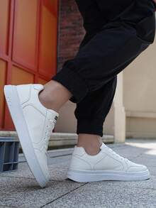 Platform Sneakers For Men, White Chunky Sole Skate Shoes, Low Top Casual Lace Up - Unique Gift For Teen Boys, Skate Shoes For Street Style - 白色 - 查看 5