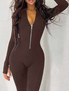 Casual Fashion Front Zipper Design Skinny Curve-Hugging Jumpsuit, New For Autumn/Winter