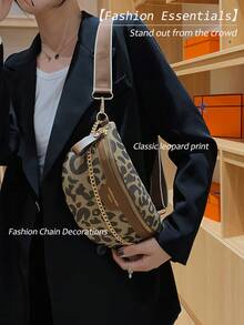Millennial Vintage Chain Decor Houndstooth & Leopard Print Shoulder & Waist Bag For Women,Leopard Print Bag, Animal Print Women Bag, Adjustable Crossbody Chest Bag With Gold Chain Detail, Spacious Fanny Pack For Travel, Parties, Concerts & Daily Use, Unisex Waist Bag Fits Phone, Wallet, Keys In Black & Brown Options,The Best Gift Choice, Birthday Gift, Valentine's Day[US Local Warehouse] - 彩色 - 查看 3