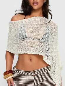 Women Knitted Poncho Loose See Through Boat Neck Off Shoulder Asymmetrical Crop Coverup Tops - trắng - Xem 4