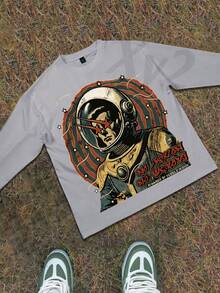 Y2k Astronaut Art Punk Long Sleeve Shirts ,Sky Double-Sided Printing,Christmas Style Graphic T Shirt Cotton,Fashionable Hip-Hop For Men -  Long Sleeve T-Shirts, Funny Vintage Shirts,Regular Fit, Street Style, Digital Print,  Ideal Gift - 淺灰色 - 查看 2