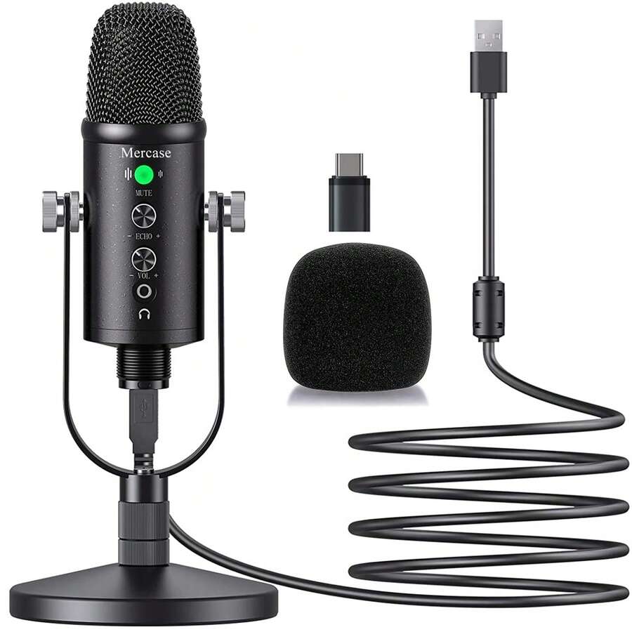 Aveek Mercase USB Condenser Microphone Full Metal Reverb Noise-Canceling Microphone For Podcasting, Streaming, Recording On Phone, Plug & Play, Quick Mute, Metal Stand With 360° Rotation