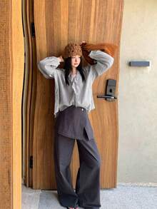 V领长袖格子荷叶边衬衫 - 白格 - 查看 4