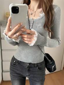 女士蕾丝拼接蝴蝶结高领长袖修身针织衫，秋冬款 - 灰色 - 查看 6