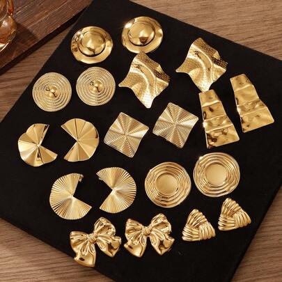 5对混搭欧美夸张时尚金属3D蝴蝶结耳环，圆形光滑，方形不对称耳钉，2025冬季畅销奢华简约个性化高端设计耳环套装（无盒）