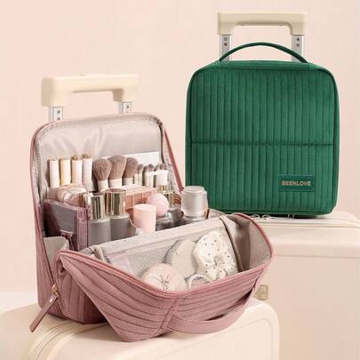 1pc Multi-Functional Travel Makeup Organizer Bag, Quilted Personalized Cosmetic Bag - Upright Makeup Storage Box - Large Capacity Multi-Compartment - Ample Perfect Storage Space, Portable Makeup Organizer Bag, Lightweight Toiletry Bag, Large Capacity Compartmentalized Toiletry Makeup Bag, Travel Makeup Bag, Essential For Travel, Cruise, Dorm