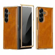 超薄电镀皮革手机壳，带钢化玻璃屏幕保护膜，兼容三星 Galaxy Fold 2/3/4/5/6/7，防震保护套 - 棕色 - 查看 12