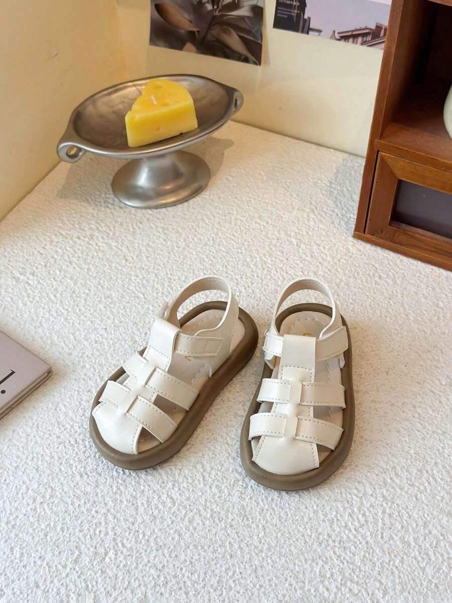 1双夏季新款儿童包头凉鞋，男女童软底防滑编织罗马鞋，百搭时尚幼儿平底鞋 - 白色 - 查看 1