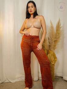 Kit 2 Calças Saída de Praia Tricot Crochê Pantalona Teladas Estilosa Moda Verão Confortavél - Caramelo e branco - Visão 3