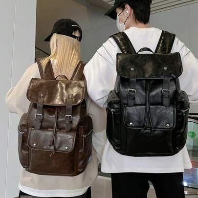 1pc Vintage British Style Unisex Backpack, Versatile Multi-Pocket Travel Motorcycle Bag, Suitable For Couples And Campus