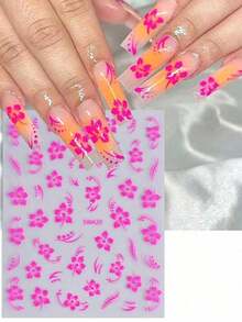 5D Gold Line Hibiscus Flower Nail Sticker Embossed Metallic Asymmetric Square Frame Pink Red Floral Petals Bowknot DIY Spring Summer Elegant Y2K Style Self-Adhesive Gel Polish Decal Sliders Holographic Nail Art Decoration Home Salon Nail Supplies Nails - 彩色 - 查看 5