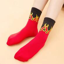 3 Pairs Men's Yellow Flame & Red Mid-Calf Socks, & Stylish For Street Wear - Multicolor - View 4