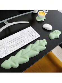 一套绿色叶子形状键盘腕托+鼠标垫+杯垫，适用于台式机和笔记本电脑