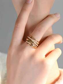 1件女款奢華立方鋯石戒指，適合情人節禮物、婚禮週年派對穿戴 - 金黃色 - 查看 5