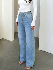 Women's Retro Minimalist Elastic Waist Loose Straight Leg Jeans Casual - Medium Wash - View 2