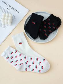 1/4 双装樱桃图案翻边中筒袜，女士可爱简约甜美风格薄袜，透气吸湿，时尚日常通勤休闲运动袜 - 彩色 - 查看 2