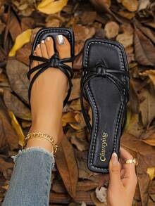 2026 New Rhinestone Slippers, Low Heel Bohemian Beach Sandals, Flip Flops - Black - View 1