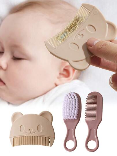 3件套婴儿熊形梳子，胎脂梳，男女宝宝新生儿洗发刷，新生儿乳痂刷，柔软头发按摩刷，沐浴用