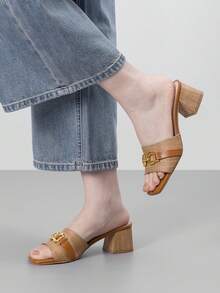 Athlefit Women's Raffia Heeled Sandals Square Open Toe Slip On Mules Chunky Block Heels With Metal Chain For Summer Vacation - Brown Raffia - View 6