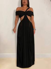 Sexy Off-The-Shoulder Fitted Sheer Net Dress - Black - View 2