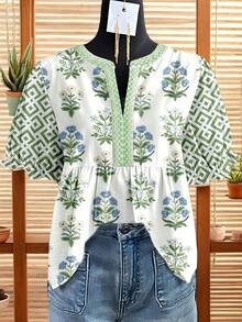 Vintage V-Neck Bell Sleeve Blouse With Patchwork Collar - Short Floral Print Embroidery Top, Spring Summer Casual Elegant Non-Stretch Regular Fit For Dresses Or Skirts (Hand Wash/Dry Clean) - Style Available) - [多色的] - 查看 3