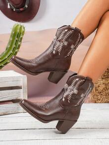 2026新款女士V型开口刺绣粗跟牛仔靴，复古短踝尖头西部靴 - 咖啡棕 - 查看 2