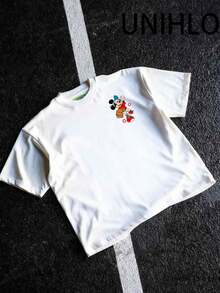 Disney UNIHLO  Street Life Men's Casual Loose  Mickey  Cartoon  Print Short Sleeve T-ShirtSummer - 白色 - 查看 5
