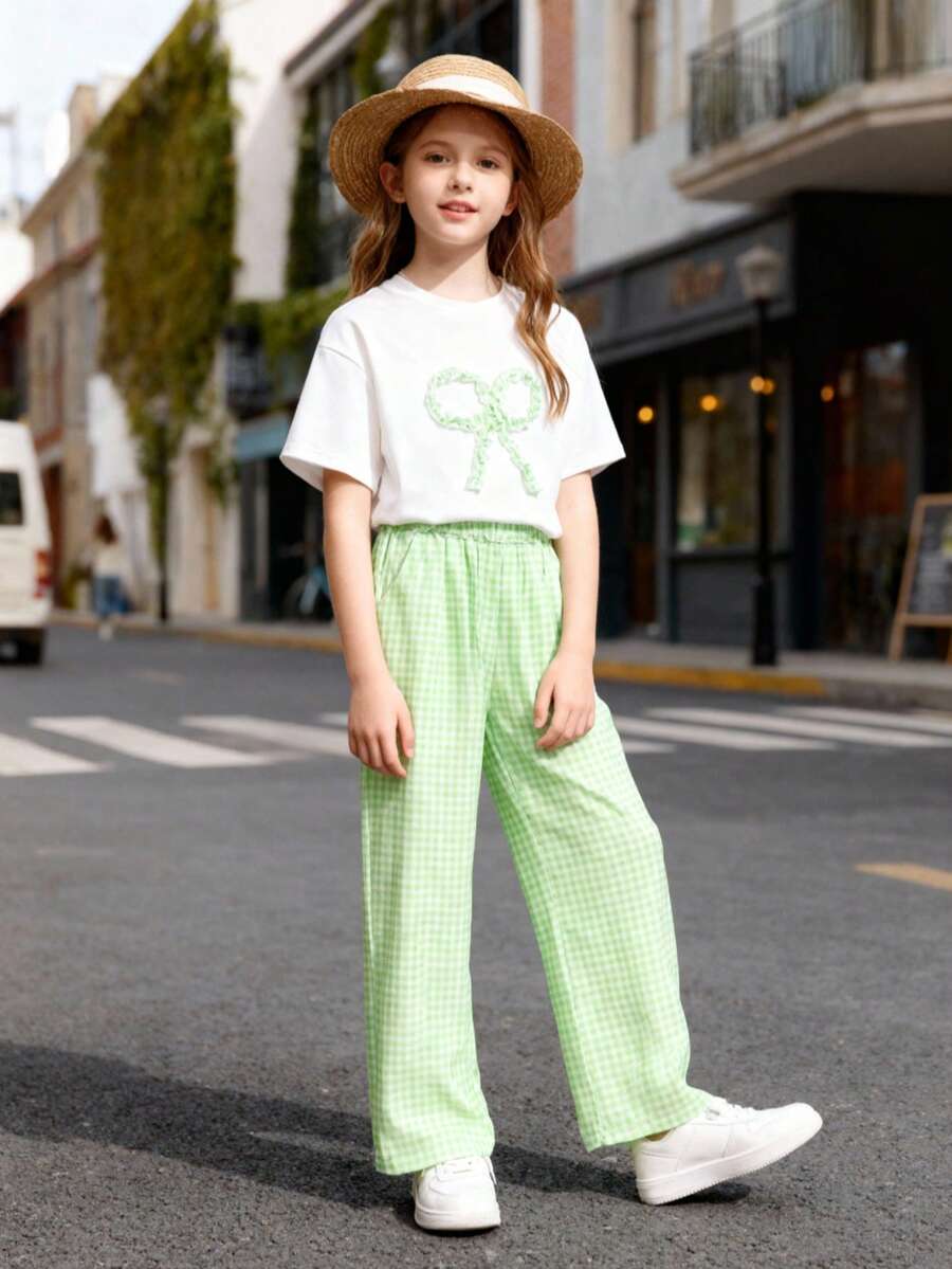 2件套女童蝴蝶结装饰T恤和格子裤休闲套装，夏季 - 薄荷綠 - 查看 1