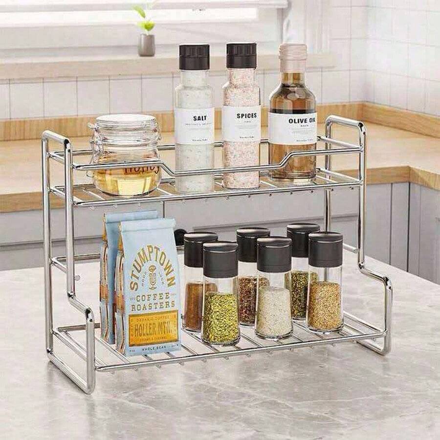 New Double-Layer Storage Rack, Multi-Function Kitchen Spice Rack, Home Bathroom Toiletry Organizer, Cup Holder - Silver - View 1