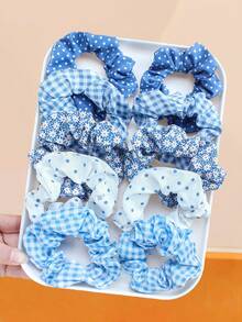 5个/套蓝色碎花、波点、格子发圈 - 3种款式：波点、格子、雏菊 - 适合女孩，适合日常、派对、复古、甜美和校园风格 - 彩色 - 查看 5