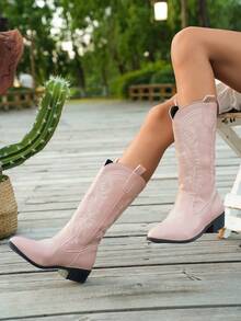 Western Style Embroidered Vintage Boots For Girl, Retro Platform Mid-Calf V-Cut Riding Boots, Winter New Arrival - Pink - View 2