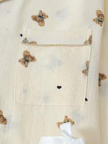 两件套泰迪熊印花睡衣套装，甜美可爱翻领纽扣长袖上衣和裤子，女士家居睡衣，秋冬款 - 杏色 - 查看 4