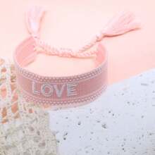 1pc Handmade Embroidered Love Letter Boho Tassel Braided Bracelet - Baby Pink - View 6