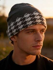 1顶千鸟格提花针织帽，百搭休闲街头风，适合春、秋、冬三季，男女皆宜，多种颜色可选，情人节好礼 - 半千鳥格針織帽 - 查看 16