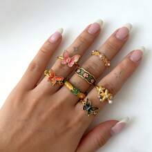 Bộ 7 chiếc nhẫn hình bướm và hoa nhiều màu sắc cổ điển, thiết kế độc đáo, món quà lý tưởng cho ngày Valentine, bạn bè, các bữa tiệc, hoặc đeo hàng ngày. - Vàng - Xem 4