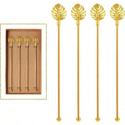GlossyPop 4Pcs Bumble Bee Cocktail Stirrers Swizzle Sticks Stainless Steel 7.5" Coffee Beverage Stir Sticks With Gold Decor Top For Mixing Cocktail, Hot Cocoa, Creamer