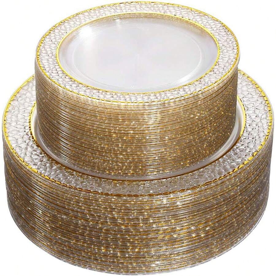 50/25/14/7/1pcs Set Transparent Hammered Double Gold Rim Plates, Transparent Bottom With Gold Rim, Elegant Dessert Plates, Pasta Plates, Pizza Plates, Cake Plates, Salad Plates, 7.5 Inch/10.25 Inch Sizes, Reusable And Easy To Clean, Suitable For Outdoor, Party, Birthday, Wedding And Holiday Gatherings - Clear - View 1