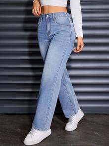 Plus Size Women's Fashion Solid Light Blue Washed Denim Cat Whisker Pocket Rigid Denim Wide Leg Jeans, Casual Wear For Spring, Summer, Autumn, Winter - Light Wash - View 4
