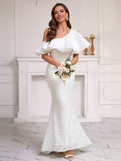 White Dresses For Women,Bride Wedding Guest Dress Off The Shoulder Ruffled Lace Sequins Short Front And Long Back Fishtail Slim Elegant Evening Dress,Elegant Dresses For Party Spring