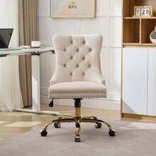 Home Office Chair, Modern Velvet Upholstered Suede Button Home Office Chair With Gold Metal Base, Adjustable Office Chair, Beige Swivel Office Chair De1923bg - Beige - View 10