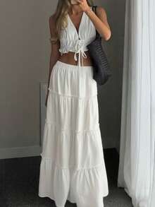 女士时尚休闲优雅简约波西米亚风多层荷叶边蛋糕褶裙，白色荷叶边半身裙，女士春季穿搭，女士夏季半身裙，适合度假、派对、节日礼物、生日、毕业典礼、海滩、日常、通勤、母亲节穿搭 - 白色 - 查看 6