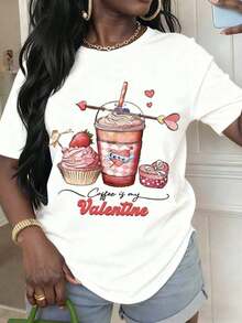 Maglietta da donna per San Valentino con stampa di tazza da caffè, cupcake, cuori e frecce, girocollo casual, regalo perfetto per San Valentino - Bianco - Visualizzare 6