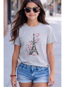 Girls' T-Shirt With Eiffel Tower Paris Print, 100% Cotton. - Xám - Xem 1