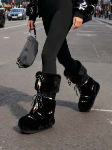 Faux Fur Boots For Women Winter Snow Boots Platform Lace Up Round Toe Boots Warm Snow Shoes Fluffy Winter Boots - 黑色2 - 查看 2