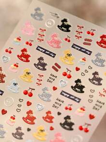 1 pieza Lindo carrusel giratorio, lazo, año del caballo, corazón, estrella, cereza gelatina 5D pegatinas de uñas de dibujos animados, decoraciones de arte de uñas de celebración, autoadhesivas, adecuadas para uñas de niños y niñas, suministros para uñas - Multicolor - Ver 12