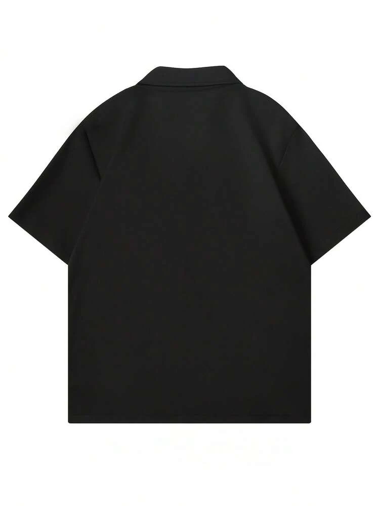 Men's Casual Floral Embroidery Loose Fit Black Shirt, Suitable For Summer Holiday - Black - View 2