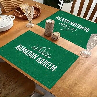 1pc/4pcs/6pcs Arabic Calligraphy & Plaid Pattern Linen Placemats, Ramadan Blessings, Ramadan Gifts, Ramadan Decor, Islamic Holiday Decoration, Suitable For Dining Table, All Seasons, Washable, Home Decor, Table Mats, Coasters, Kitchen Dining Mats, Indoor Outdoor Party Decoration, Ideal Gift